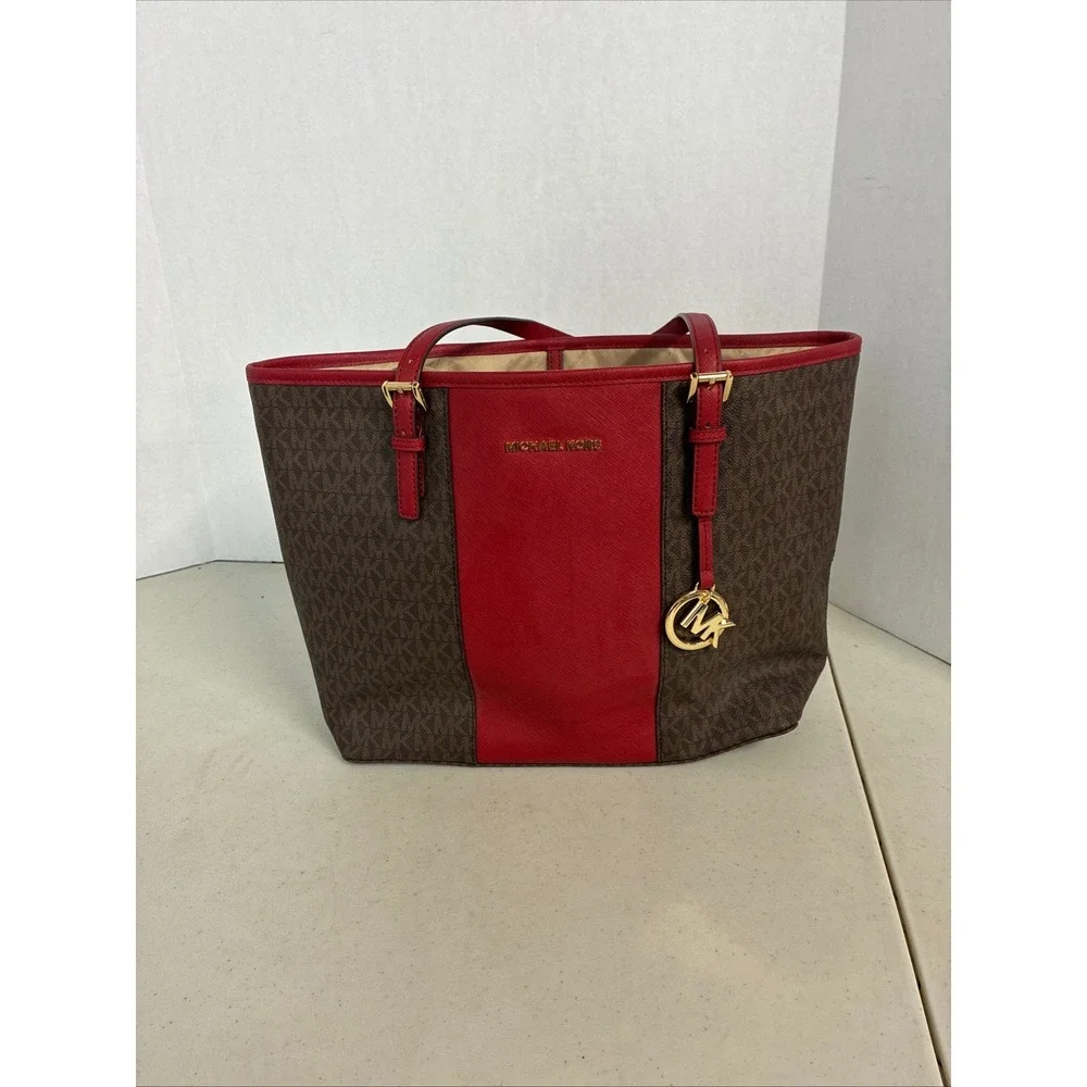 Michael Kors Brown Red Logo Tote Bag Gold‎ Hardware Saffiano Trim Large New